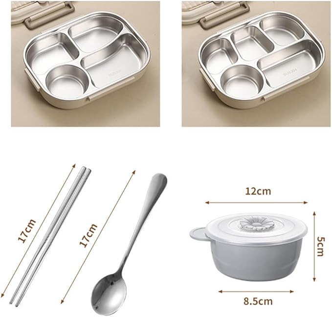 Bento Box Adult Lunch Box 304 Stainless Steel Portable Leakproof Lunch Food with Chopsticks Spoon Soup Bowl Large Capacity Sealed 1500ML (White-4 Compartments, 10.23IN*6.69IN*2.76IN)