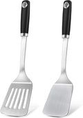 2 Pcs Silicone Stainless Steel Spatulas Set, Metal Spatula Solid & Slotted Turner, Heavy Duty Sturdy Spatula for Kitchen Use, High Heat Resistant Cooking Utensils for Fish Eggs Pancakes, Easy to Clean