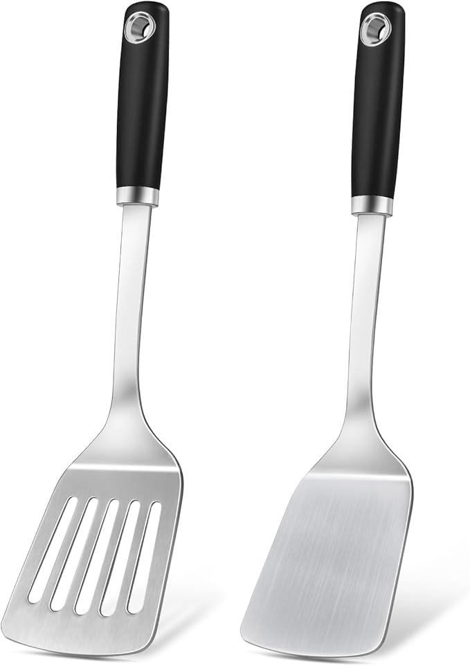 2 Pcs Silicone Stainless Steel Spatulas Set, Metal Spatula Solid & Slotted Turner, Heavy Duty Sturdy Spatula for Kitchen Use, High Heat Resistant Cooking Utensils for Fish Eggs Pancakes, Easy to Clean