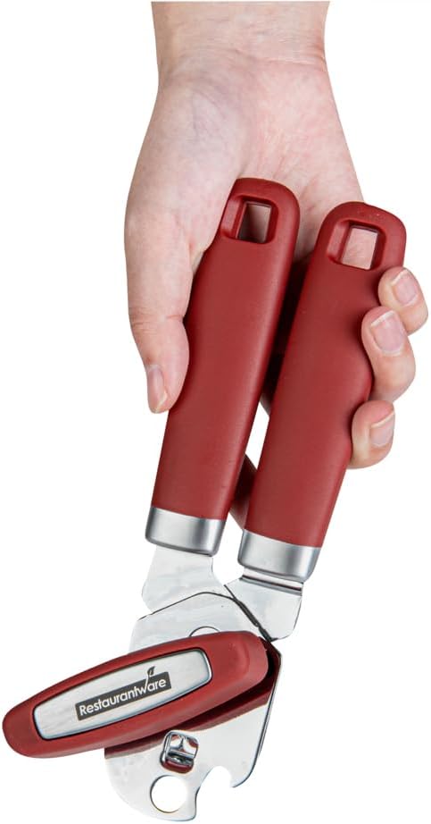 Restaurantware Comfy Grip 7.6 x 1.9 x 2.1 Inch Can Opener 1 Durable Manual Can Opener - Sharp Wheel Blade Grip Handle Red Stainless Steel Hand-Held Can Opener Built-In Bottle Opener