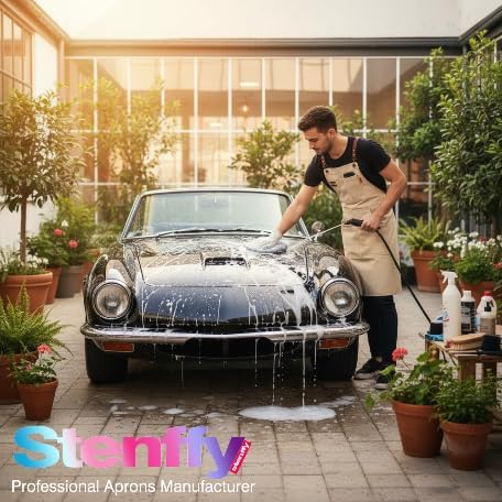 Work Aprons with Multiple Pockets, Waterproof Canvas for Cooking, Painting, Crafting, Gardening, Sizes M to XXL, Colorful Spots