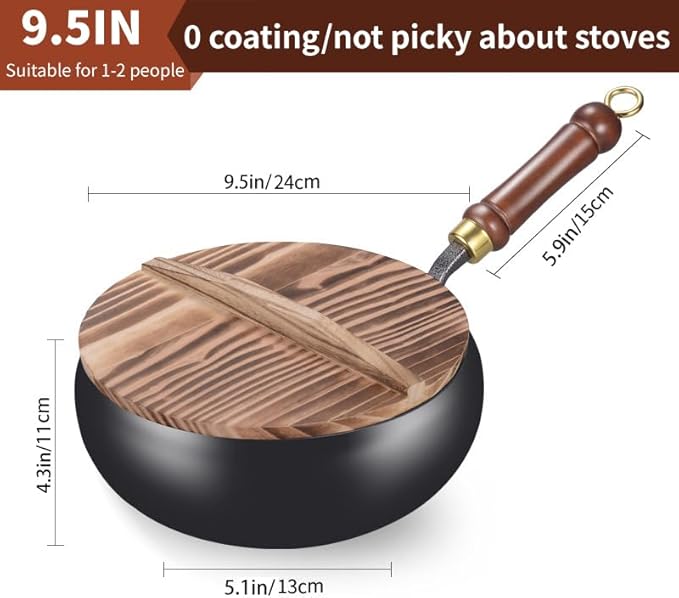 Suntuup Japanese Iron Pan, Uncoated Iron Pan, 9.45 Inch Suntuup japanese iron frying pan Non-Stick IronPan for Cooker Gas Stir Fry Pans with Lid Spatula Durable and Rust-Free (Wooden Lid, 9.45in)