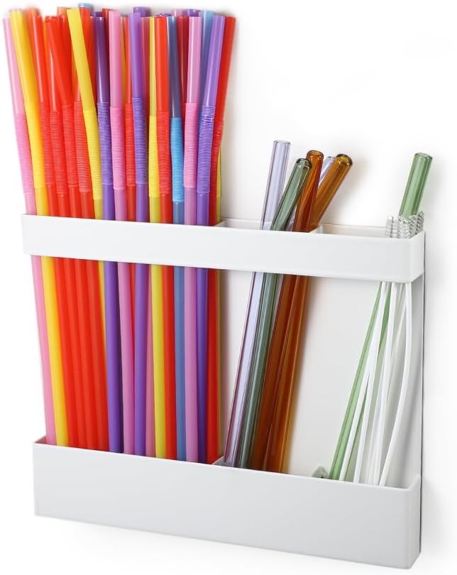 Picowe Magnetic Straw Holder Organizer, Metal 4-Slot Tumbler Straw Organizer for Fridge & Cabinet Door, Drinking Reusable Straws Dispenser Holds 10+ Straws (White)