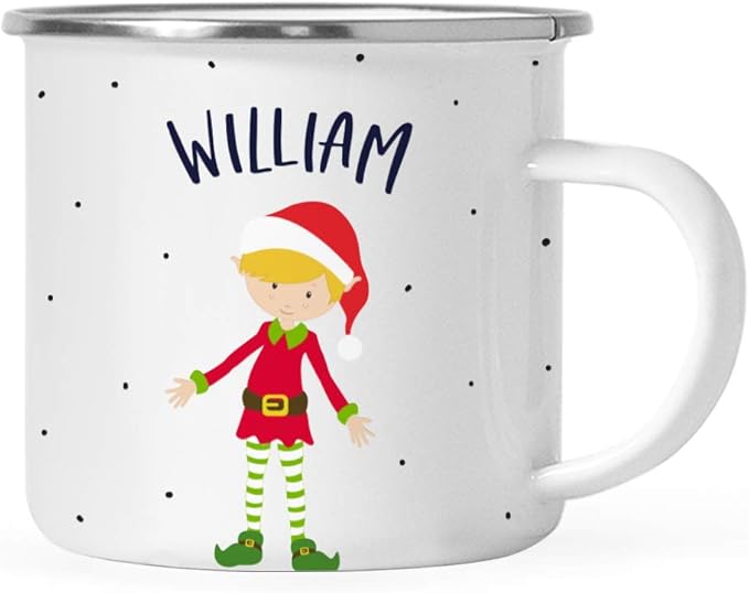 Andaz Press Personalized Name 11oz. Kids Christmas Hot Chocolate Stainless Steel Campfire Coffee Mug, Red Boy Xmas Elf Standing, 1-Pack, Custom Child’s Birthday Xmas Cup Christmas Hot Chocolate Mug
