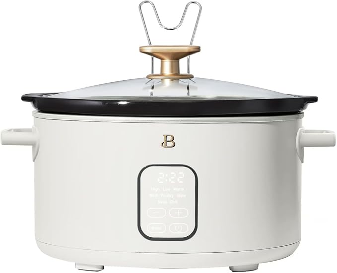 Beautiful 6 Qt Programmable Slow Cooker with Touch Control, Digital Timer and Keep Warm Function – Large Electric pot Capacity Kitchen Appliance by Drew-Barrymore (White Icing)