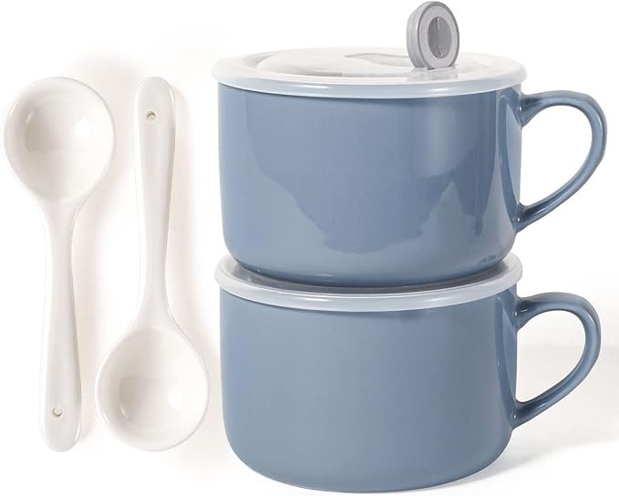 Soup Bowls with Handles & Spoons, 30oz Ceramic Ramen Bowl with Lid, Large Soup Mugs/Cups for Instant Noodle, Big Cereal Bowls for Oatmeal, Soup Containers with Lids, Set of 2, Sky Blue