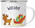 Andaz Press Personalized Name 11oz. Kids Christmas Hot Chocolate Stainless Steel Campfire Coffee Mug Adorable Rudolph Reindeer Sleigh, 1-Pack Custom Birthday Xmas Cup Hot Cocoa Mugs Christmas Mug Kids