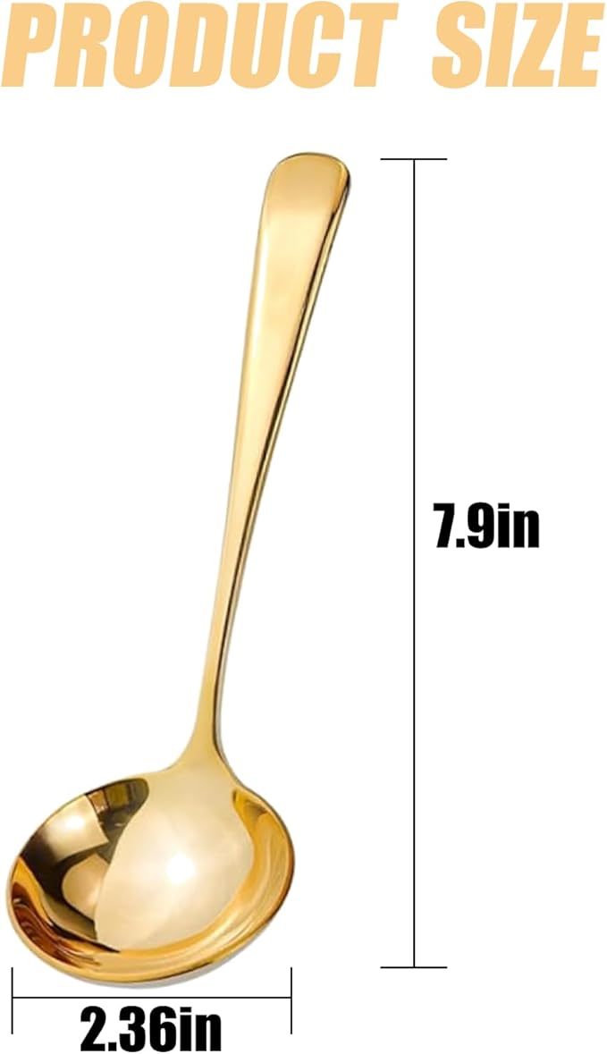 Small Stainless Steel golden Ladle, 7.9-Inch, 2-Pack， Ideal Soup Ladle for Serving Gravy, Sauce, and Soup | Crafted from Premium 18/10 Stainless Steel, Durable and Easy Clean