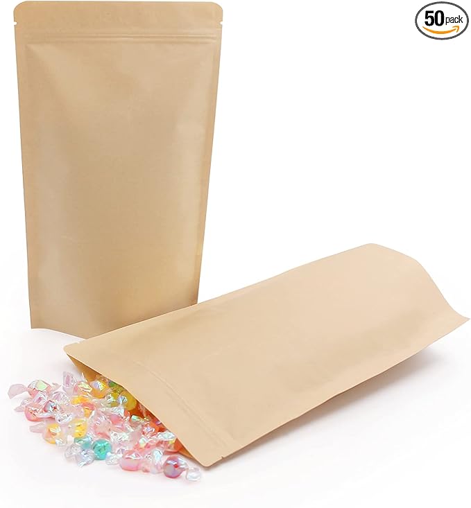 SumDirect Kraft Stand Up Pouches - 50 Pack 7x12 Inch Zipper Food Storage Reusable Bags with Foil Lined for Home or Business