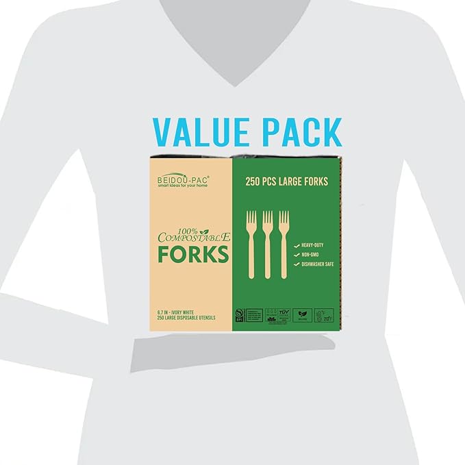 Compostable Forks 250 Count, 7 In Large Disposable Biodegradable Flatware, Eco Friendly Durable Heat Resistant Alternative Cutlery Eating Utensils Silverware to Plastic Forks, BPI Certified