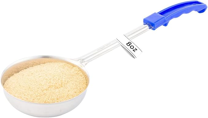 Restaurantware Met Lux 8 Ounce Portion Ladle 1 With Blue Handle Portion Serving Spoon - Does Not Corrode Dishwashable Stainless Steel Portion Control Serving Utensil Multipurpose