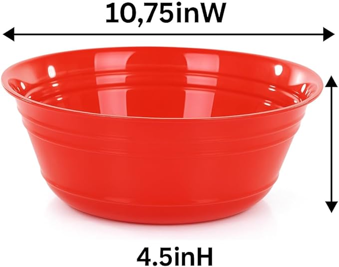 Mintra Home Snack Bowls (Large 2pk (4L), Red) - 10.75W x 4.5inH - large red plastic bowl for popcorn, snacks, drinks, candy, holiday party, Halloween, trick or treat bowls - 2 Pack