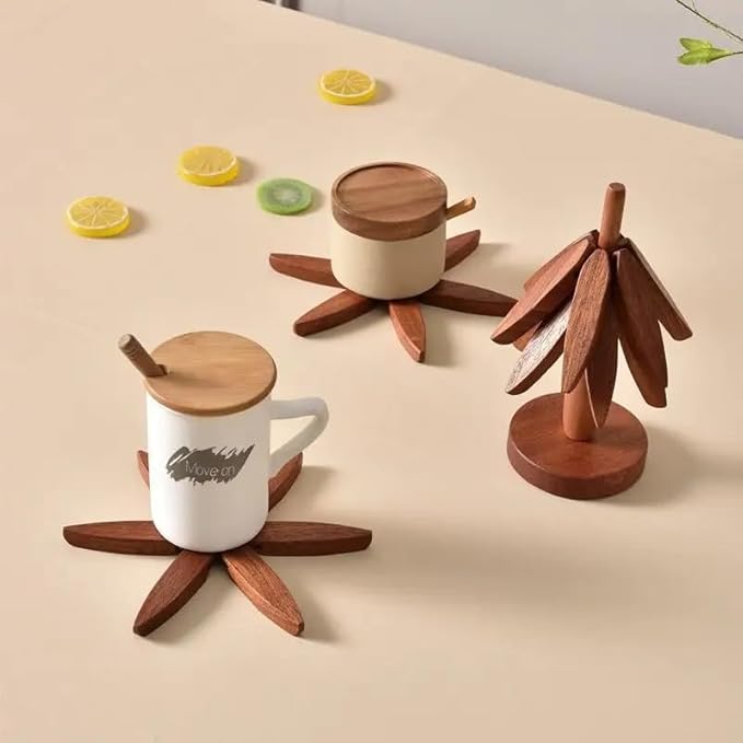 Artisanal Wooden Coasters Trivets Set – Foldable Wooden Tree Trivet with 4 Coasters & Stand – Heat Resistant Hot Plate Holder & Kitchen Accessories for Dining Table