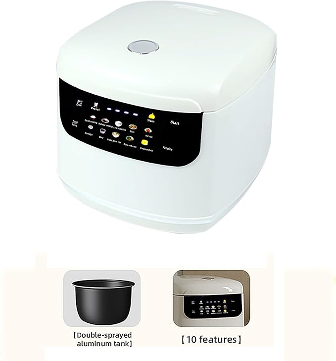 2L Mini Protable Rice Cooker,5 Cups Cooked/3 Cups Uncooked, 400W Non-Stick Rice Maker, 24 hours Timer Delay, 10 Functions, Fast Cooker,White