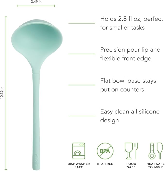 Tovolo Flex Core Small Silicone Ladle Aqua Seafoam Green Heat Safe Silicone Soup Ladle BPA Free, Dishwasher Safe Small Kitchen Ladle with Precision Pour Lip for Serving Sauces Soups Gravies