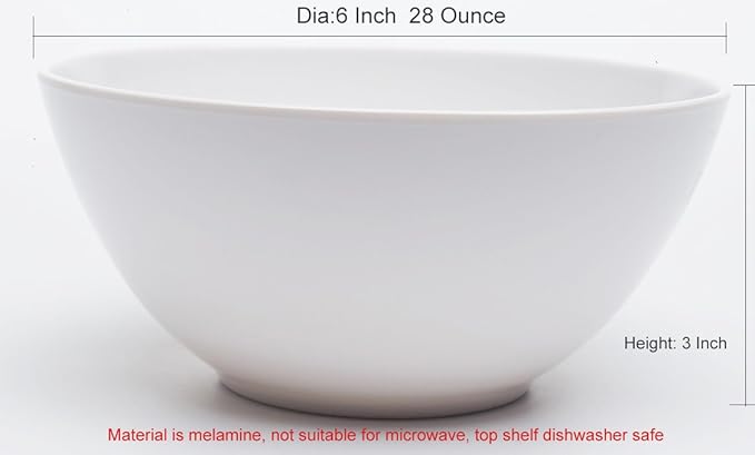 Melamine Cereal Bowls - 28oz White Melamine Bowls,6Pcs Soup Bowls Set for Kitchen,Unbreakable,Dishwasher Safe