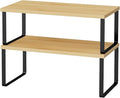 Cabinet Shelf Organizers, 15.7 inches Large Kitchen Counter Shelf, Set of 2 Wood Kitchen Pantry Organizer, Storage Shelves for Countertop, Spice Rack, Stackable, Expandable, Metal Black, Nature