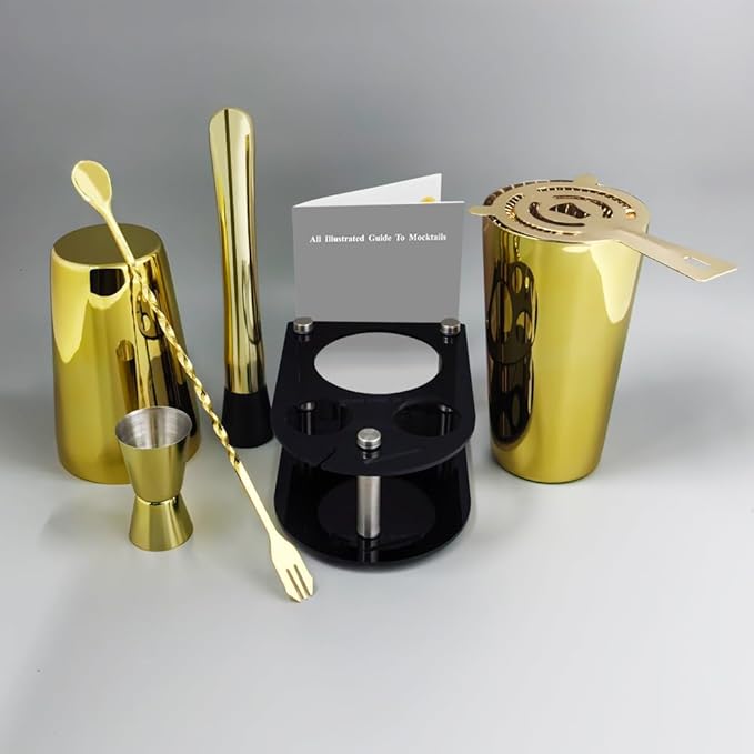 5 Piece Cocktail Shaker Bartender Kit: 750/600ml(25/20oz) Cocktail Shaker Set with Stand, Drink Mixing Includes Martini Shaker,Strainer,Jigger,Bar Mixer Spoon,Muddler Bar Tool Set (Gold)