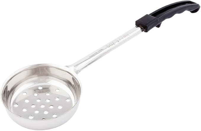 Restaurantware Met Lux 6 Ounce Portion Ladle 1 Perforated Portion Serving Spoon - Black Handle Dishwashable Stainless Steel Slotted Serving Utensil Multipurpose For Serving Pasta