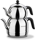 Korkmaz 18/10 Ci/Ni Stainless Steel Retro Teapot Set, Black Handles, Top Pot 1.1 Lt, Bottom Kettle 2.5 Lt