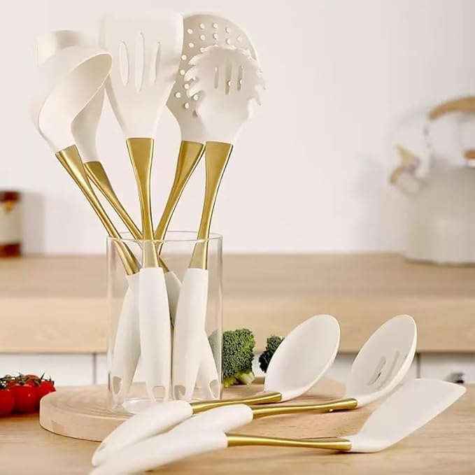 8-Piece White Kitchen Utensil Set with Gold Handles, Stainless Steel Cooking Tools, Includes Spatulas, Ladle, Spoons for Nonstick Cookware (Gold and White)
