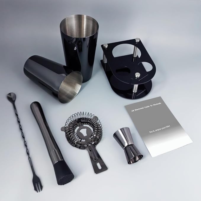 5 Piece Cocktail Shaker Bartender Kit: 750/600ml(25/20oz) Cocktail Shaker Set with Stand, Drink Mixing Includes Martini Shaker,Strainer,Jigger,Bar Mixer Spoon,Muddler Bar Tool Set (Black)