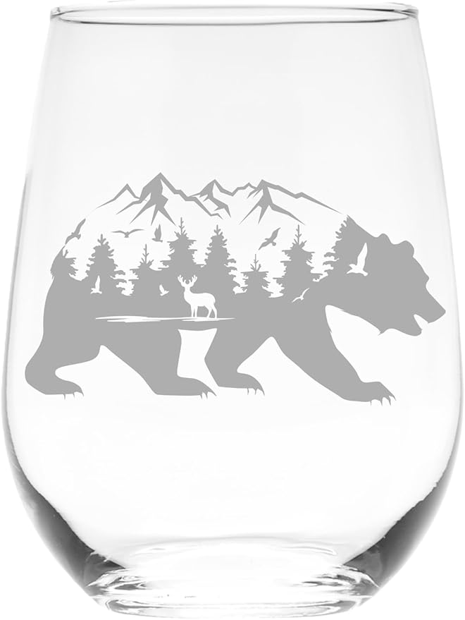 C M Bear Stemless Wine Glass - 17 oz - 1 Piece - Bear Mountain Themed Gift for Men and Women (Style B2)