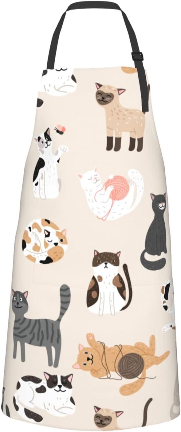 Cat and Dogs Animals Adjustable Bib Neck Chef Aprons, Kitchen Bbq Waterproof Apron with 2 Pockets For Mom Dad