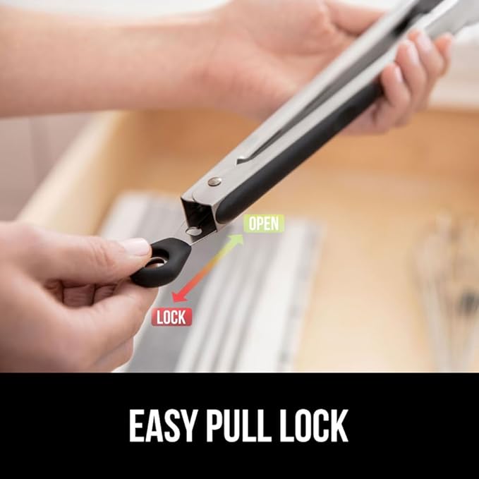 GORILLA GRIP Stainless Steel Heat Resistant Kitchen Tongs for Cooking, 9 + 14 Inch, Set of 2 BBQ Tong, Non Scratch Silicone Tip for Pan, Strong Grip, Grab Food, Toss Salad, Air Fryer, Pull Lock, Black