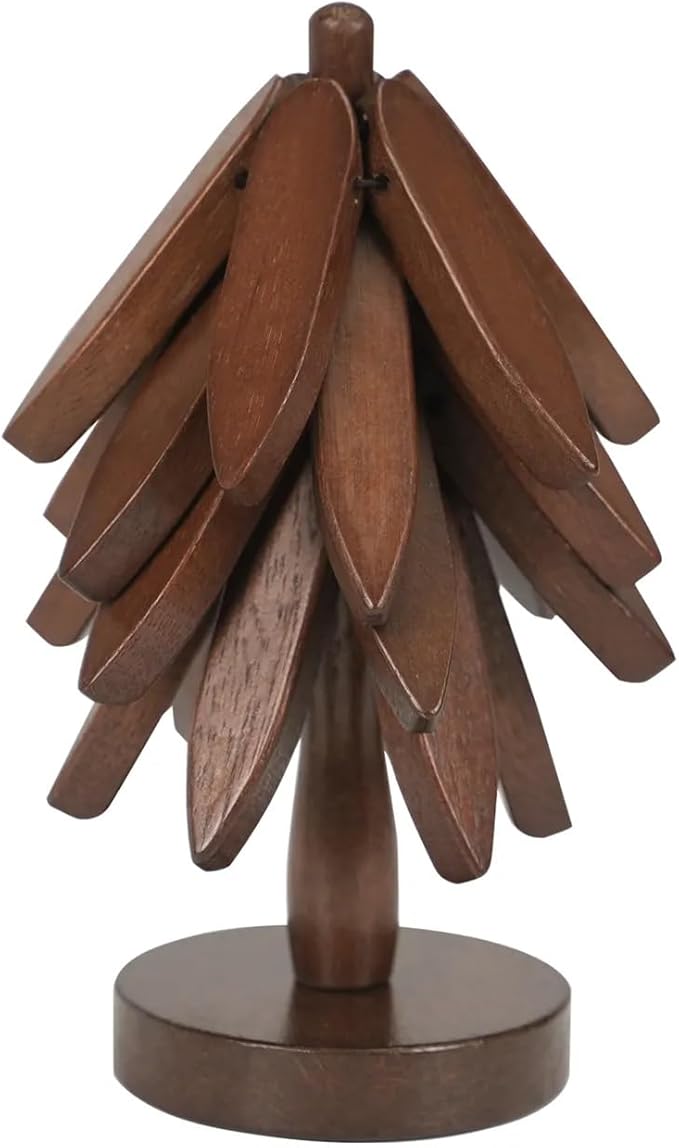 Artisanal Wooden Coasters Trivets Set – Foldable Wooden Tree Trivet with 4 Coasters & Stand – Heat Resistant Hot Plate Holder & Kitchen Accessories for Dining Table