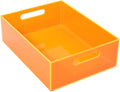 Large Storage Bin Acrylic Pantry Storage Container with Handles Kitchen Organizer Bin for Cabinet Cupboard Organization, Heavy Duty, 15.4 x 11.4 x 5.5'', Neon Orange