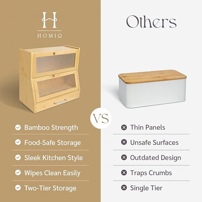 Bread Box for Kitchen Countertop - Bamboo Wood Breadbox with Knife Storage, Ventilation Holes - Farmhouse Loaf Organizer, Versatile 2 Layer Bread Storage Container for Snacks Mugs Spices
