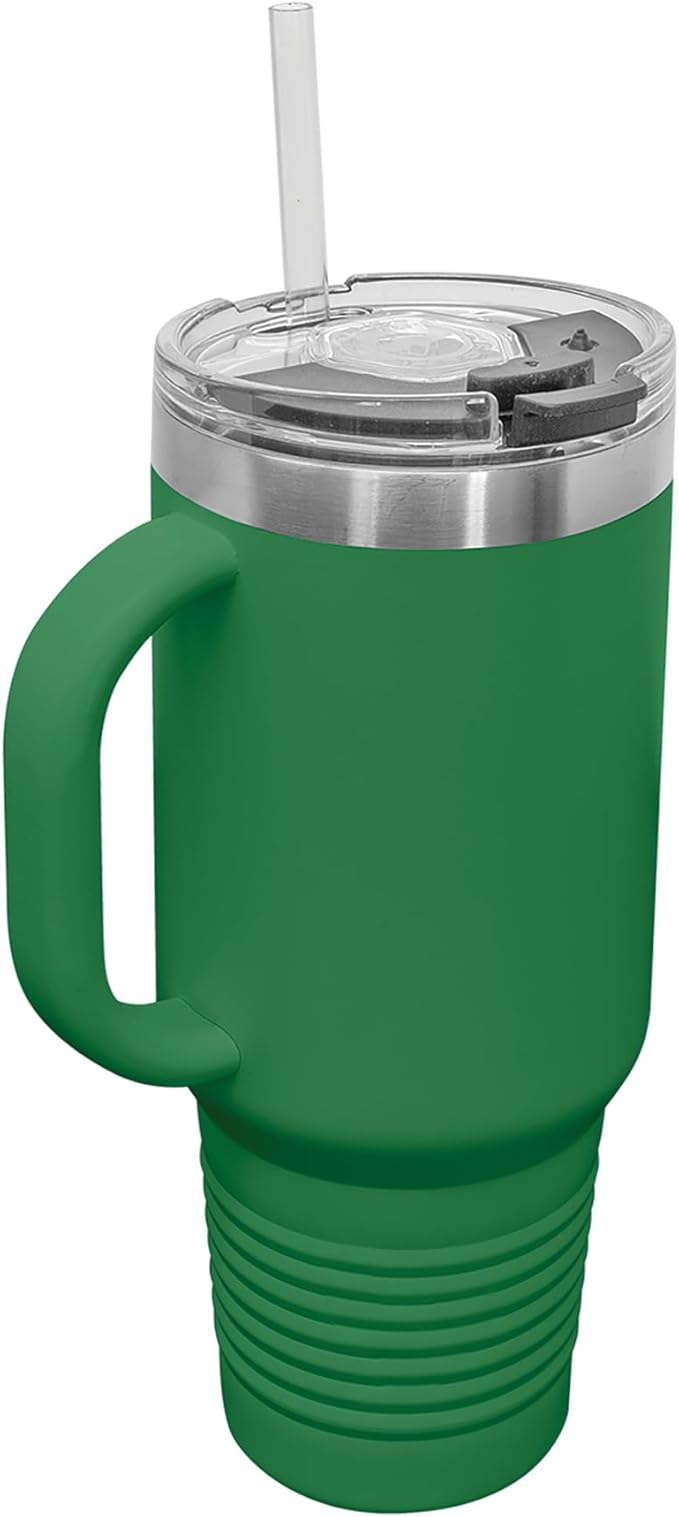 LaserGram 40oz Vacuum Insulated Travel Mug with Handle, Tiki Statue, Personalized Engraving Included (Green)