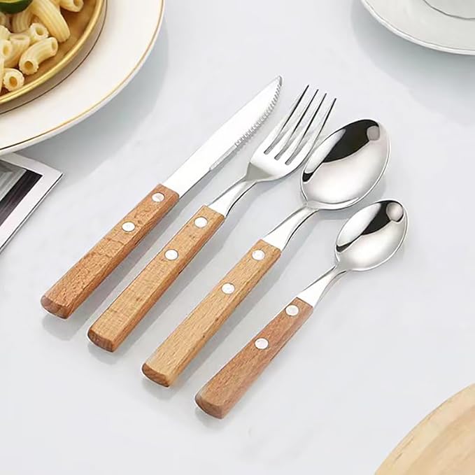 Stainless Steel Wooden Handle Silverware Set,Elegant Western Cutlery Set,Contains Knife, Fork, Spoon (B)