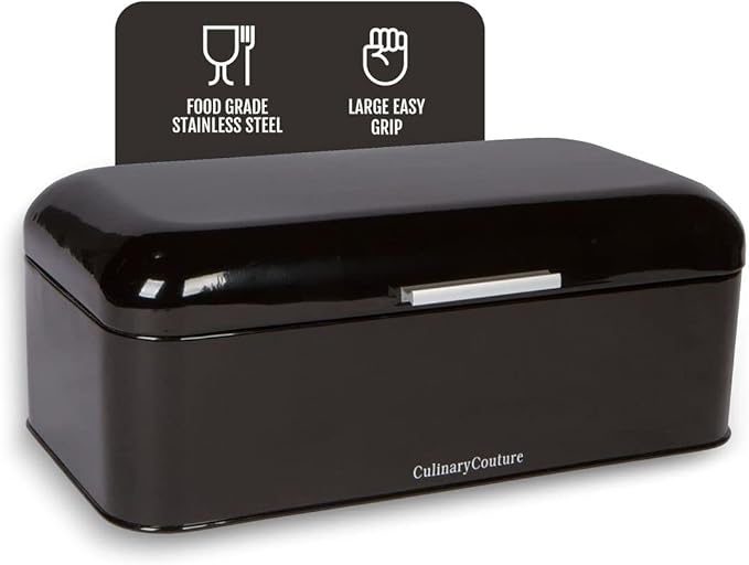 Culinary Couture Extra Large Black Bread Box for Kitchen Countertop - Holds 2 Loaves - 16.5" x 9" x 6.5" - Stainless Steel Vintage Bread Boxes for Kitchen Counters
