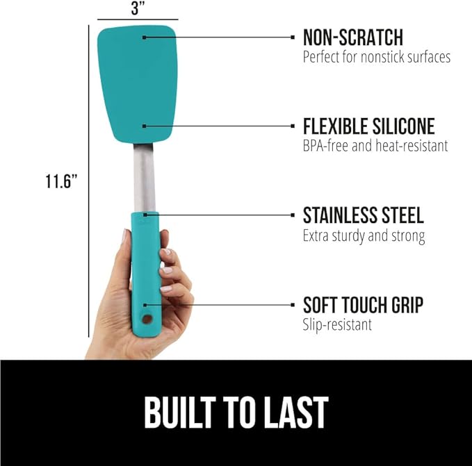 GORILLA GRIP Food Grade Flexible Silicone Spatula, 2 PK, Heat Resistant Head for Nonstick Frying Pan, Patented Soft Rubber Handle for Comfort, Non-Scratch Kitchen Turner, Flip Eggs, 11.6 in, Turquoise