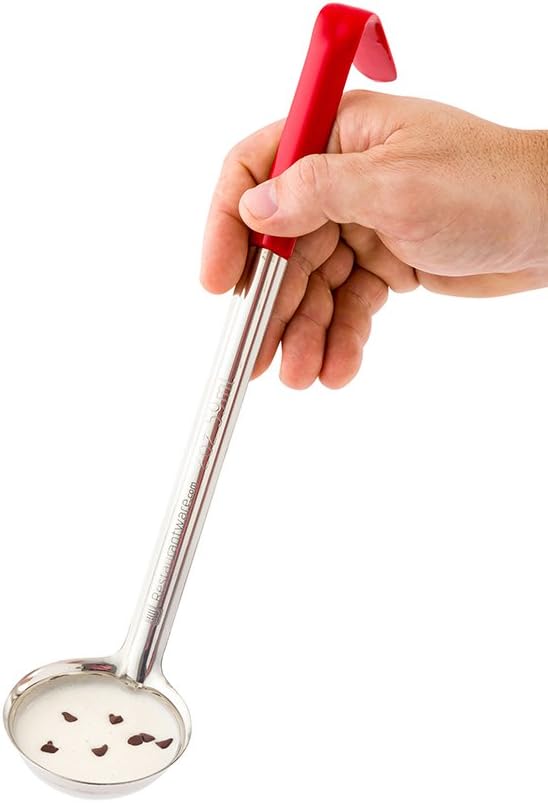 Restaurantware Met Lux 2 Ounce Soup Ladle 1 Hook Handle Serving Spoon - With Red Handle Dishwashable Stainless Steel Cooking Ladle For Pouring And Cooking Perfect for Soup Chilli Or Batter