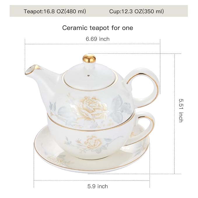 Tea for One Porcelain Teapot and Cup Set, Tea Set for One, Floral Teapot, Gold Rose Tea Set Gift for Women