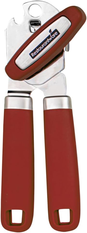 Restaurantware Comfy Grip 7.6 x 1.9 x 2.1 Inch Can Opener 1 Durable Manual Can Opener - Sharp Wheel Blade Grip Handle Red Stainless Steel Hand-Held Can Opener Built-In Bottle Opener