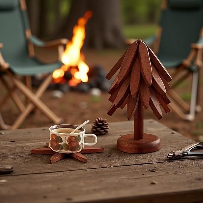Foldable Walnut Wood Trivet Set for Hot Dishes,Tree Shape Coasters for Hot Pots And Pans, Natural Kitchen Decor With 4 Folding Pads and 1 Stand, Easy Storage
