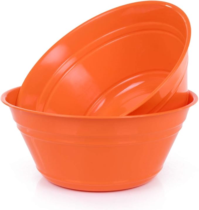 Mintra Home Plastic Bowls (4L Large 2pk, Orange) -10.75W x 4.5inH - large orange plastic bowl for popcorn, snacks, drinks, candy, Halloween, trick or treat bowls - 2 Pack
