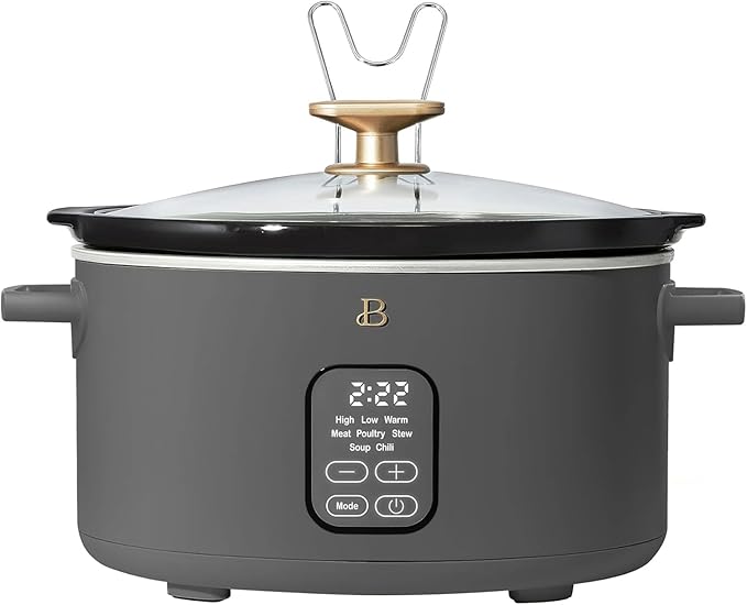 Beautiful 6 Qt Programmable Slow Cooker by Drew Barrymore - 5 Preset Cooking Functions, Digital Countdown Timer, Dishwasher-Safe Parts, and Cool-Touch Handles (Oyster Grey)