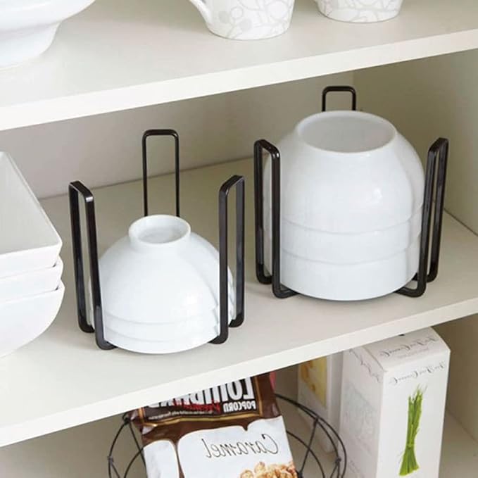 Dinnerware Bowl Plate Holder Fit for 6.5 Inches Diameters Bowl, Metal Bowl Storage Dying Display Rack for Kitchen Drawer, Countertop, Cabinet, Shelf, Cupboard (Black, Small 1PCS+Large 1PCS)