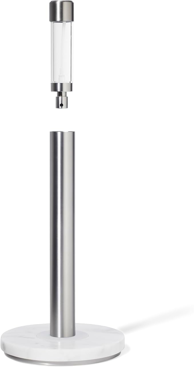 Curio Home Goods Obscura Paper Towel Holder plus Spray Bottle, Stainless Steel and Marble, Silver/White