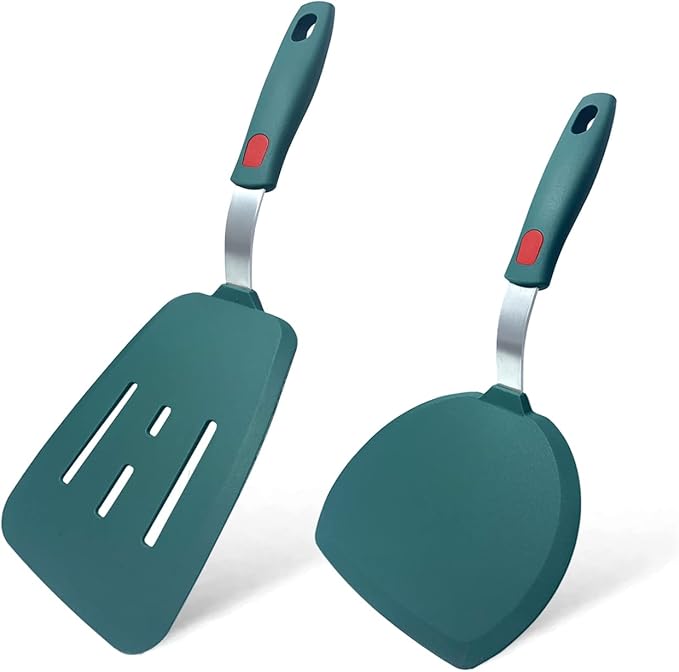 Silicone Spatula Set of 2 for Nonstick Cookware,Tenta Tenta Kitchen Slotted Angle Round Pancake Spatulas 600°F Heat Resistant Classic Rubber Spatula Set For Cooking-Dark Blue