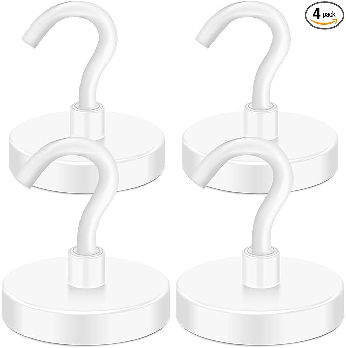 MIKEDE Magnetic Hooks Heavy Duty, 170LB Super Strong Magnetic Hooks for Cruise, Neodymium Earth Magnets with Hook for Hanging, Magnetic Metal Hanger for Fridge, Toolbox, Storage, (White, 4 Pack)