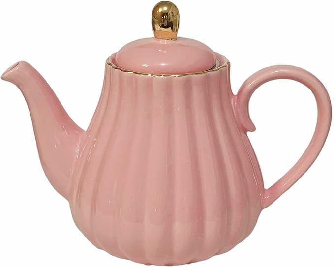 YBK Tech Strengthen Porcelain Teapot, 31oz Coffee Pot Ceramic Teapot- Stripe Design (Pink)