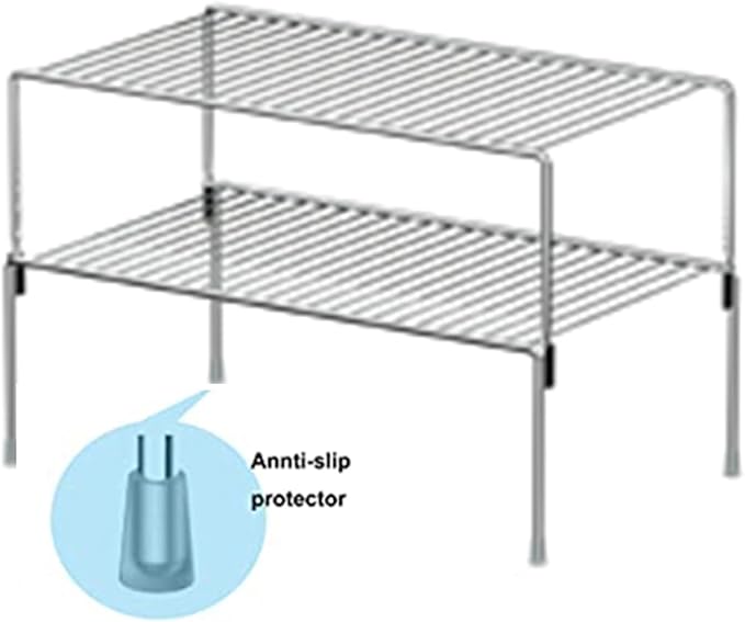 Redrubbit 2 Pack Stackable Cabinet Storage Shelf Rack, Rustproof Chrome Kitchen Counter and Cabinet Shelf, Small Storage Rack Organizer for Kitchen, Fridge, Bathroom