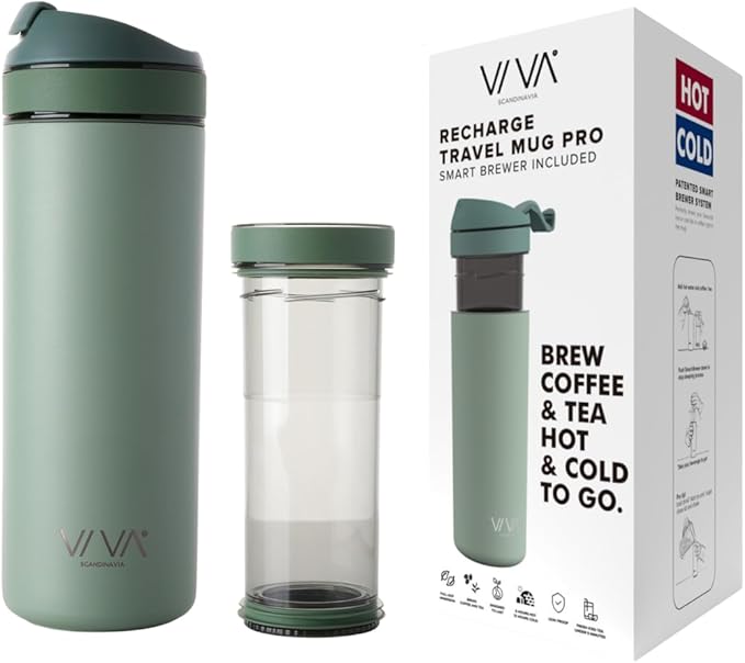 VIVA Recharge Mint Insulated Tea & Coffee Mug & Travel French Press Coffee Maker, 16 oz, Brew & Drink From the Same Coffee Mug On the Go or Camping