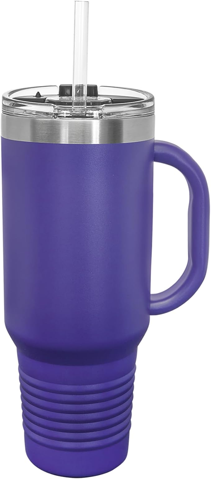 LaserGram 40oz Vacuum Insulated Travel Mug with Handle, Tiki Statue, Personalized Engraving Included (Dark Purple)
